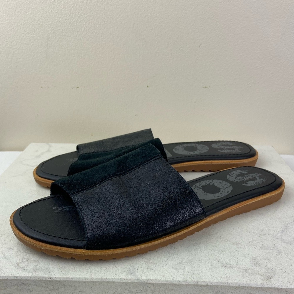Sorel Black Slide Sandals with Tan Sole